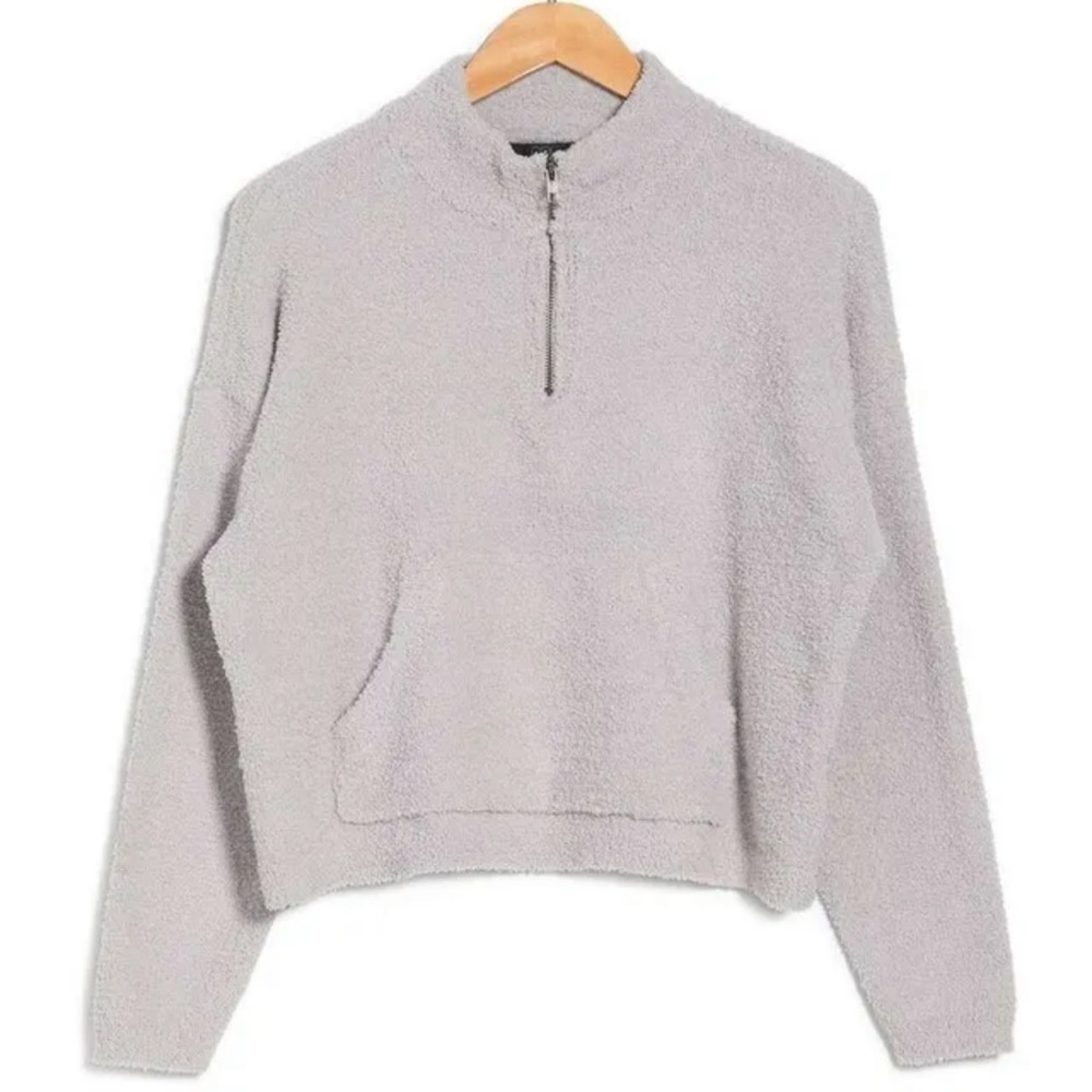Nordstrom RDI Cozy Fuzzy Mock Neck Zip Pullover Sweatshirt Sweater Grey Medium